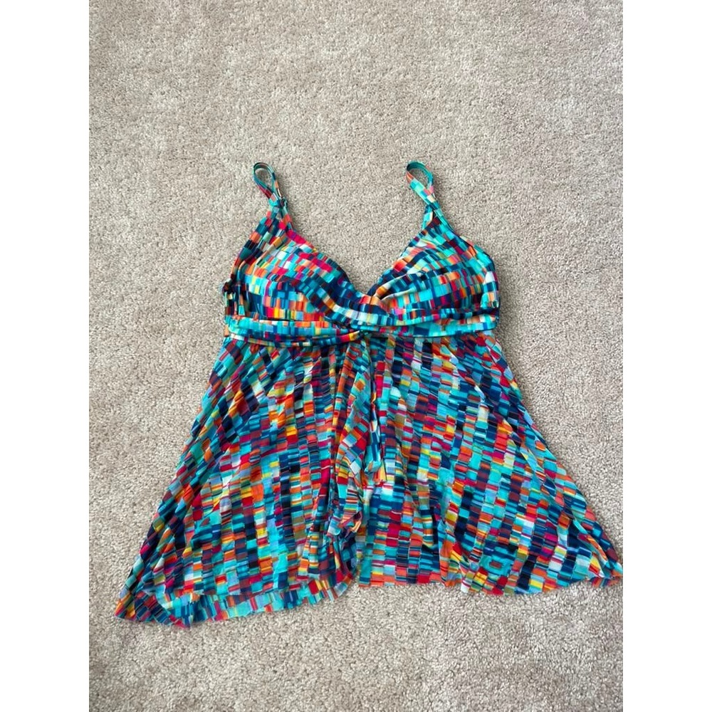 Profile by Gottex Womens Tankini Top Multicolor Geometric Ruffle 14 625-1B36